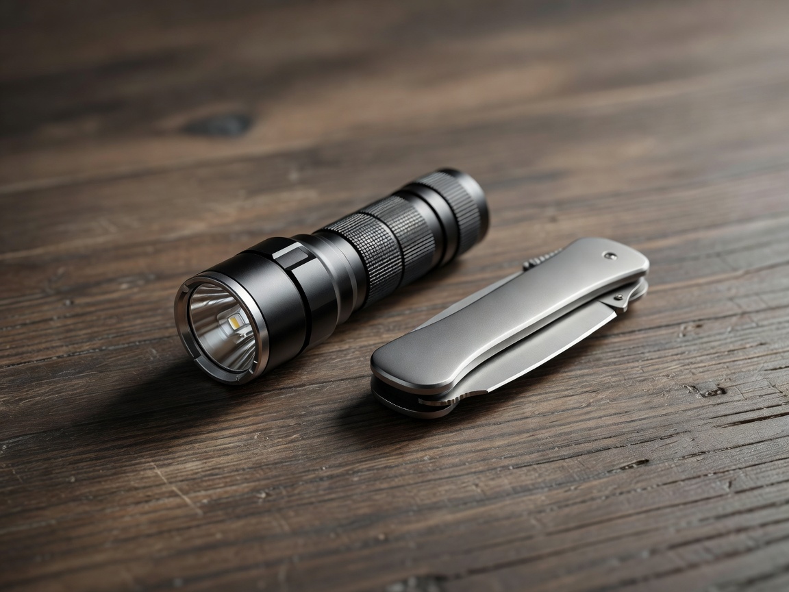 Compact everyday carry flashlight next to a pocket knife