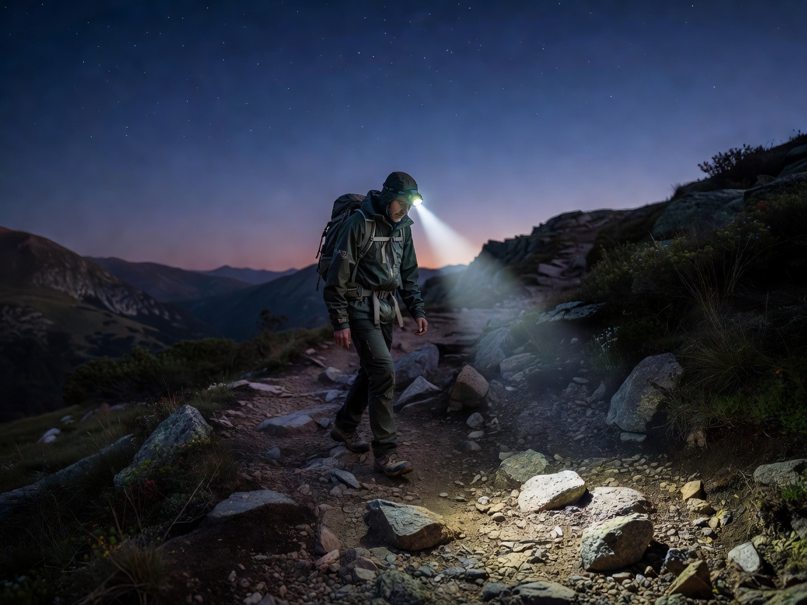 Headlamp illuminating a hiking trail at dusk