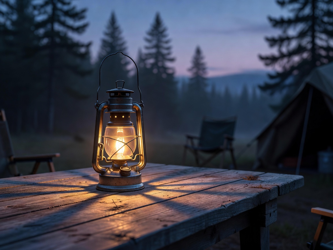 Lit camping lantern on a rustic outdoor table