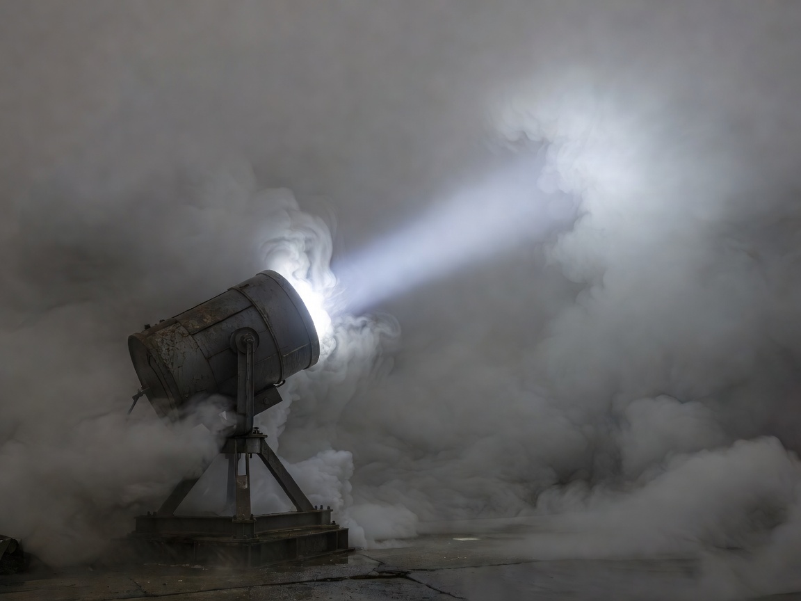 Massive searchlight piercing through thick fog