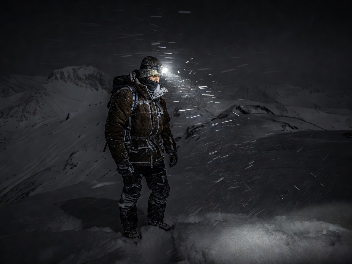 Person wearing a headlamp on a dark snowy mountain