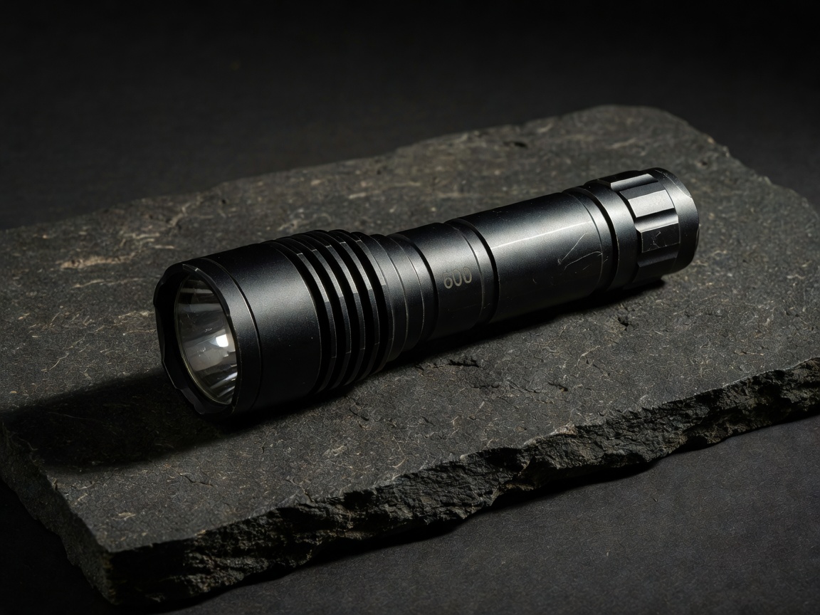 Rugged tactical flashlight resting on dark stone