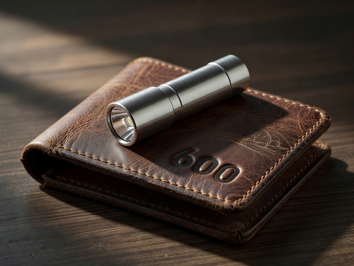 Small pocket flashlight resting on leather wallet