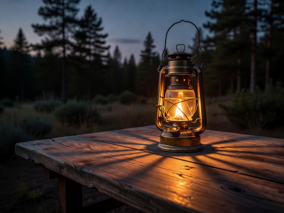 Warm glowing lantern sitting on a wooden camp table